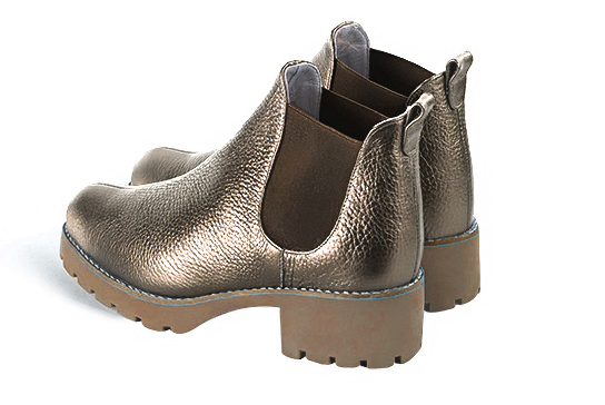 Bronze beige and taupe brown women's ankle boots, with elastics. Round toe. Low rubber soles. Rear view - Florence KOOIJMAN